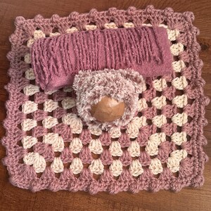 Newborn Photography Prop SET: Crocheted Newborn Prop blanket, Knit Swaddle with fringe, and Newborn fuzzy Bear Bonnet