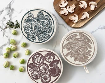 Mushroom Print Bowl Covers, Set of 3, Organic Cotton