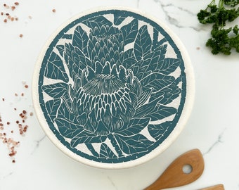 Grand couvercle pour plat et bol Protea Print | couvercle de saladier sans plastique 100 % coton