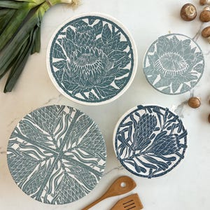 Hoes komschotel set van 4 herbruikbare, wasbare, ademende voedselhoezen van biologisch katoen, tafeldecoratie bloemenset blauw