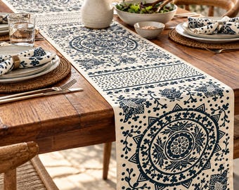 Hand Printed Cotton Table Runner | African Table Decor | Navy or Neutral