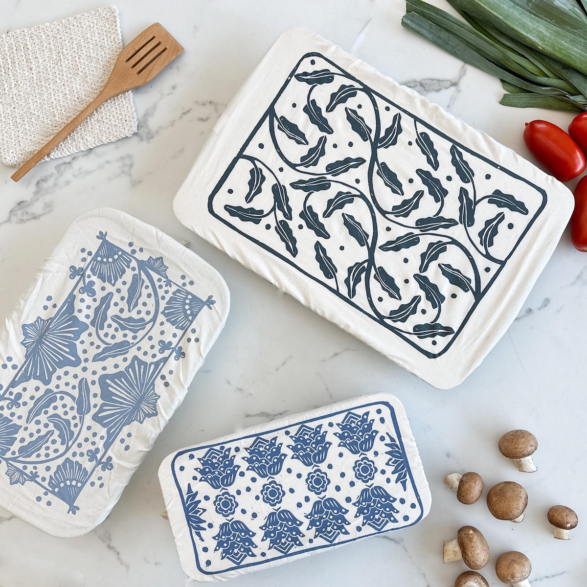 Dish Cover set of 3 Rectangle blue prints for baking, casseroles and bread making