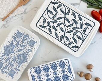 Dish Cover set of 3 Rectangle blue prints for baking, casseroles and bread making