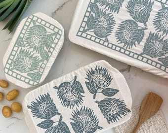 Set of 3 Rectangle Cotton Dish Covers – Protea Print, Reusable Food Covers, Plastic-Free Kitchen