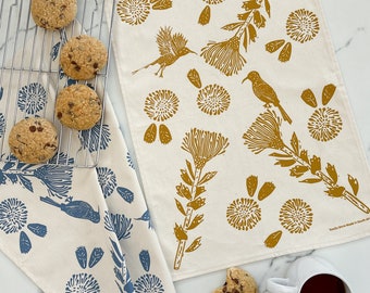Cotton Tea Towel: Sunbird & Protea Print, Blue and Gold