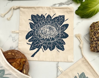 Bread Bag 11.5" square for round loaves organic cotton protea flower print
