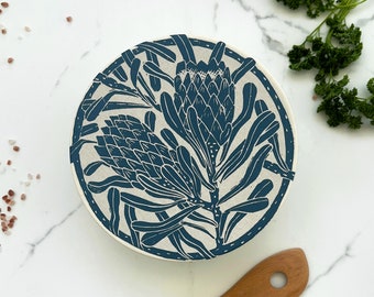 Dish and Bowl Cover Medium Protea Print | single bowl cover for medium salads and leftovers