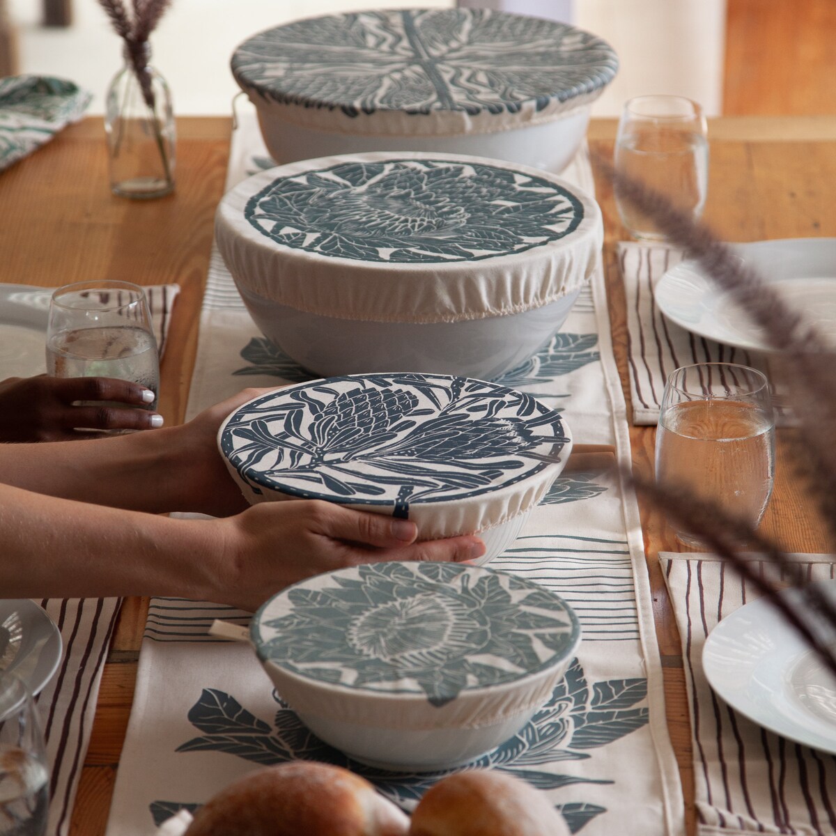 Bowl Dish Cover Set of 4 Reusable Washable, Breathable Organic Cotton Food Cover, Flower Table Decor Set Blues - Etsy