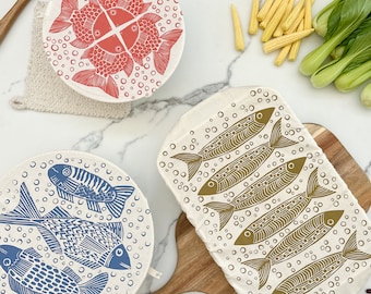 Dish Cover Set of 3 with rectangle 9 x 11" and 2 round bowl covers 10" and 13"  Fish Print Red, Blue, Gold