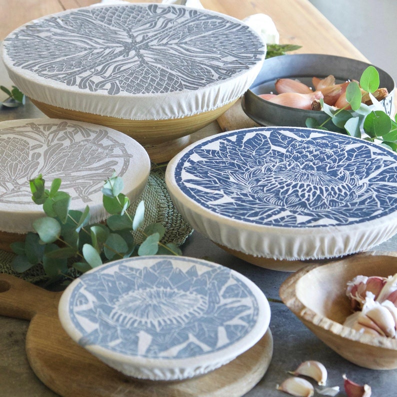 Dish and Bowl Cover Set of 4 Protea Print cloth bowl covers image 1
