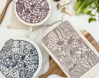 Reusable Dish and Bowl Cover Set with rectangle cover and 2 sizes of round covers, Mushroom Print