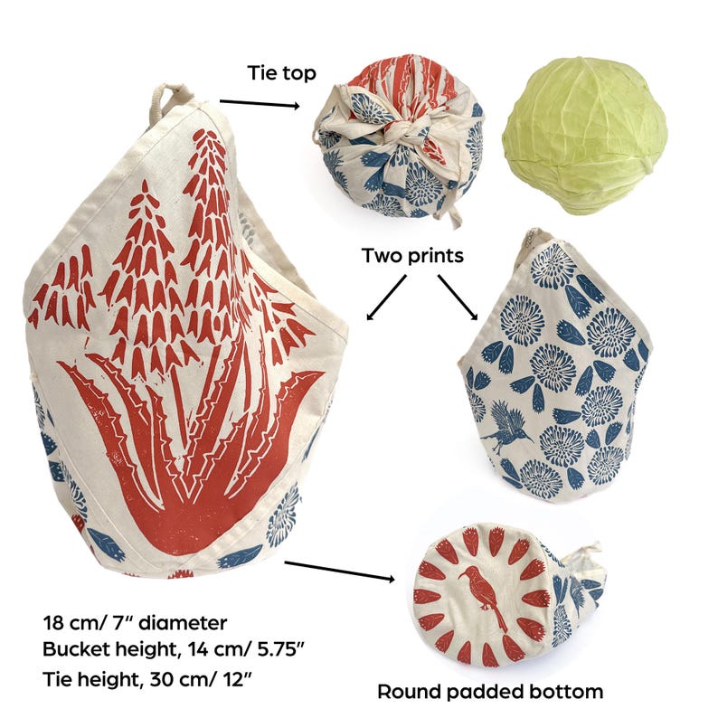 May include: A reusable fabric produce bag with a round padded bottom, a tie top, and two different prints. The bag is 7 inches in diameter, 5.75 inches tall, and the tie is 12 inches long. The bag is shown with a cabbage inside.