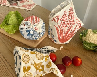 Produce Bag Tie Top Reusable Organic Cotton for shopping and storage Sunbird Print