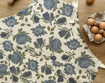 100% Cotton Apron, Protea Bird Print, Adjustable Neck, Pocket, Home Cook Gift