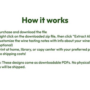 May include: A white background with the headline "How it works" in green. The text explains the process: download the file, extract it, customize wine tasting notes, and print. The note states designs are downloadable PDFs.
