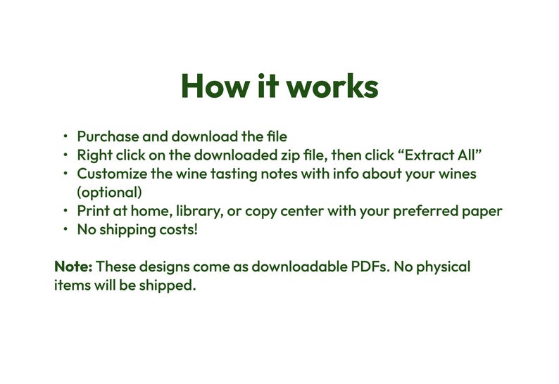 May include: A white background with the headline "How it works" in green. The text explains the process: download the file, extract it, customize wine tasting notes, and print. The note states designs are downloadable PDFs.