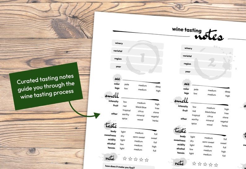 May include: A white sheet with wine tasting notes, including sections for winery, varietal, and aroma. A green card with the text "Curated tasting notes guide you through the wine tasting process" is in the corner.