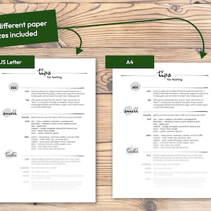 May include: Two white sheets of paper with "tips for tasting" text, one US Letter size and one A4 size, are shown on a wooden surface. The text includes sections on colour, smell, and taste, with a green banner indicating different paper sizes.
