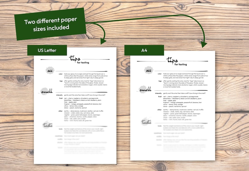 May include: Two white sheets of paper with "tips for tasting" text, one US Letter size and one A4 size, are shown on a wooden surface. The text includes sections on colour, smell, and taste, with a green banner indicating different paper sizes.