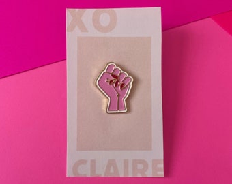 Pink Feminist Raised Fist Red Claw Nails Enamel Pin