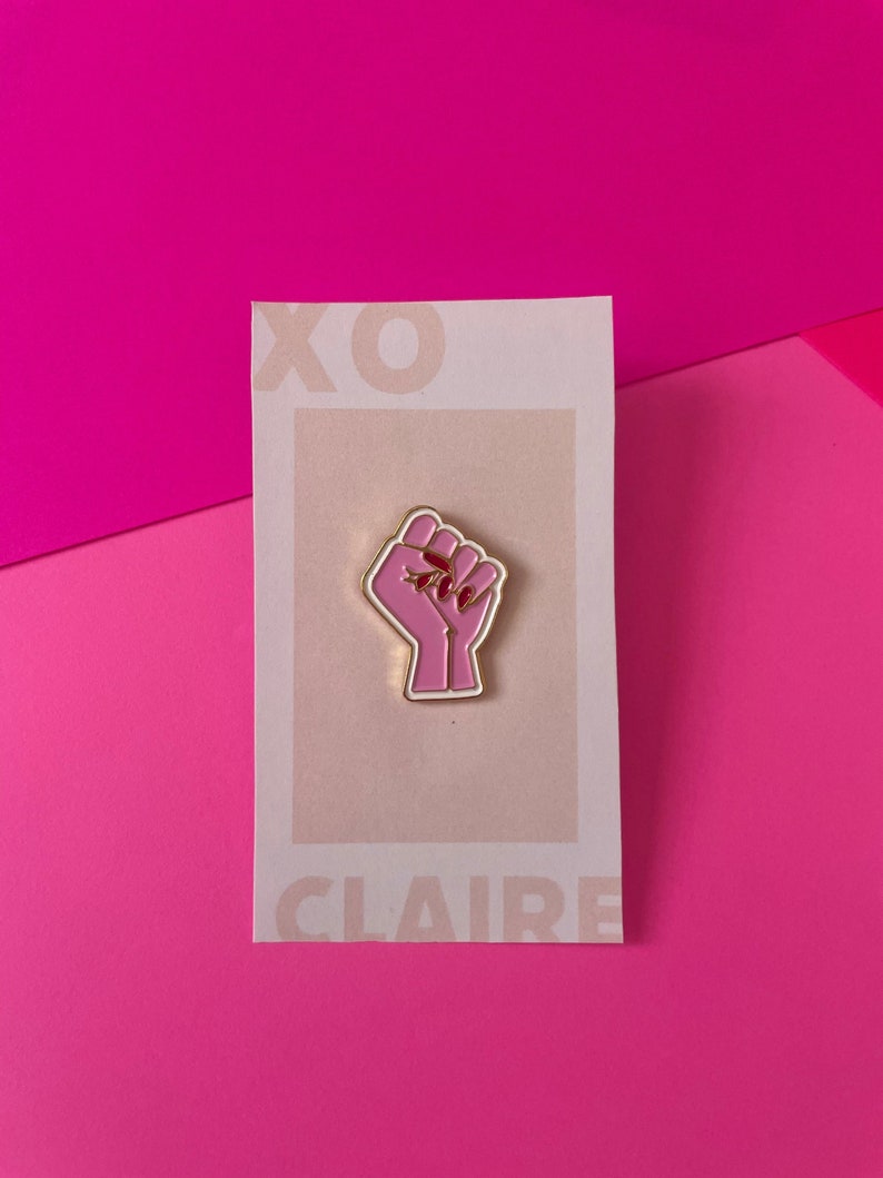Pink Feminist Raised Fist Red Claw Nails Enamel Pin image 1