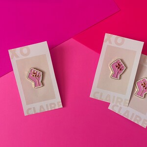 Pink Feminist Raised Fist Red Claw Nails Enamel Pin image 4
