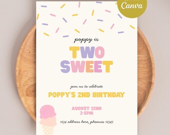 Two Sweet Invitation Template, Ice Cream Party, Editable Canva, Instant Download
