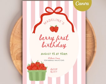 Strawberry Berry First Birthday Invitation Template (Digital Download)