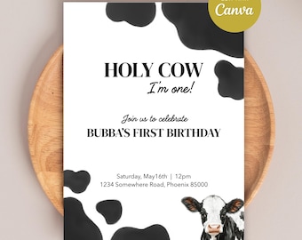 Holy Cow First Birthday Invitation, Farm Party Invite, Editable Canva Download