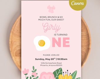 Sweet One Birthday Invitation, Girly Floral Bows Brunch Party (Canva Template)