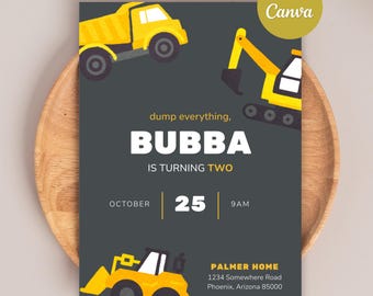Dump Truck Birthday Invitation, Construction Party Invite, Editable Canva Template (Instant Download)