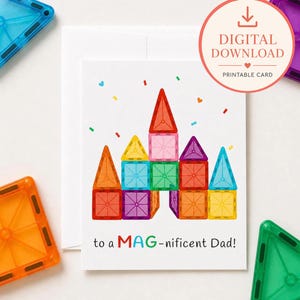 Carte de fête des pères à carreaux magnétiques imprimable, carte de fête des pères drôle des enfants, carte d'anniversaire de jouet de construction coloré pour papa, papa de tout-petit