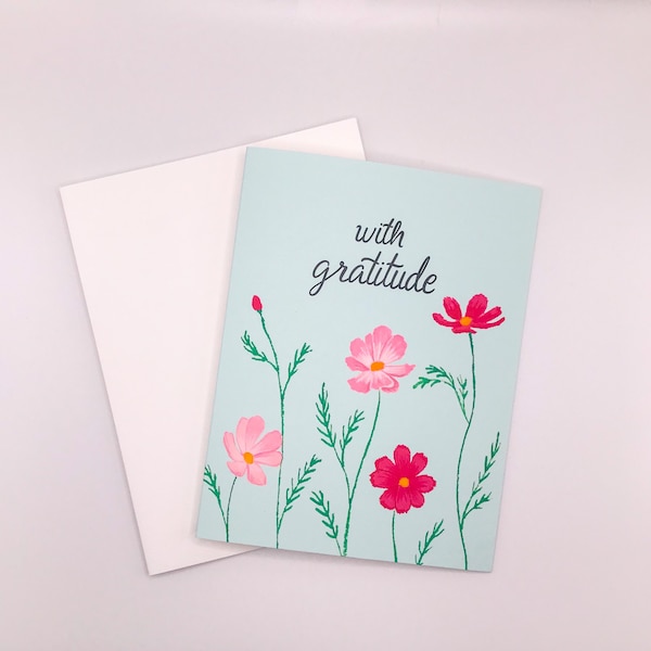 Thank You Card, Baby Blue with Cosmos Flowers, Bridal Shower, Wedding, Teacher Appreciation, Retro Floral, Simple, Pastel Hues