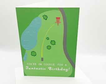 Disc Golf Birthday Card, you’re on course for a fantastic birthday, punny card, Frisbee Golf Birthday for Her, for Him, for Brother, for Dad