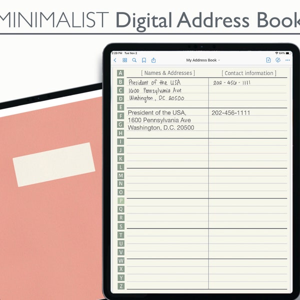 Minimalist Digital Address Book for iPad | 15 Cover Options | GoodNotes & Notability Compatible | Digital Contacts Book | Wedding Planning