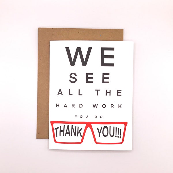 Thank You Card for Eye Doctors, Employees, Volunteers, Optometrist, Optician Appreciation, Motivational and Recognition Cards