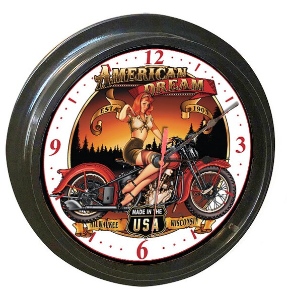 Pin Up Girl Motorcycle Wall Clock 14 Diameter Garage Man Cave