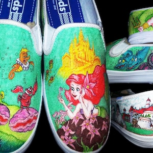 Handgezeichnete Disney Schuhe, jedes Thema, Meerjungfrau, Cartoon, individuelle Kunst, kundenspezifische Schuhe, benutzerdefinierte Vans, Keds, TOMS, unterhalten, einzigartige, persönliche
