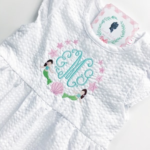 Girls Mermaid Frame Dress, Girls Mermaid Monogram Outfit, Mermaid Birthday Party, Babys 1st Bday, Girls Vacation Dress, Baby Beach Dress