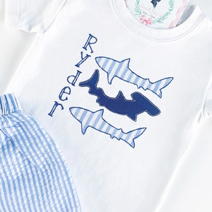 Boys Shark Monogram Shirt, Boys Vacation Outfit, Baby Beach Short Set, Baby Shark Tee, Boys Summer Seersucker Outfit, Baby Vacation Shirt