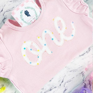 Girls &quot;One&quot;  Birthday Shirt, 1st Birthday Shirt for Girls, Baby Girl One Shirt, Confetti Birthday Outfit, Girls Bday Applique Shirt