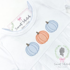 Applique Pumpkin Trio Romper, Baby Boy Pumpkin Patch Outfit, Boys Thanksgiving One Piece, Boys Embroidered Pumpkin Shortall, Fall Bubble