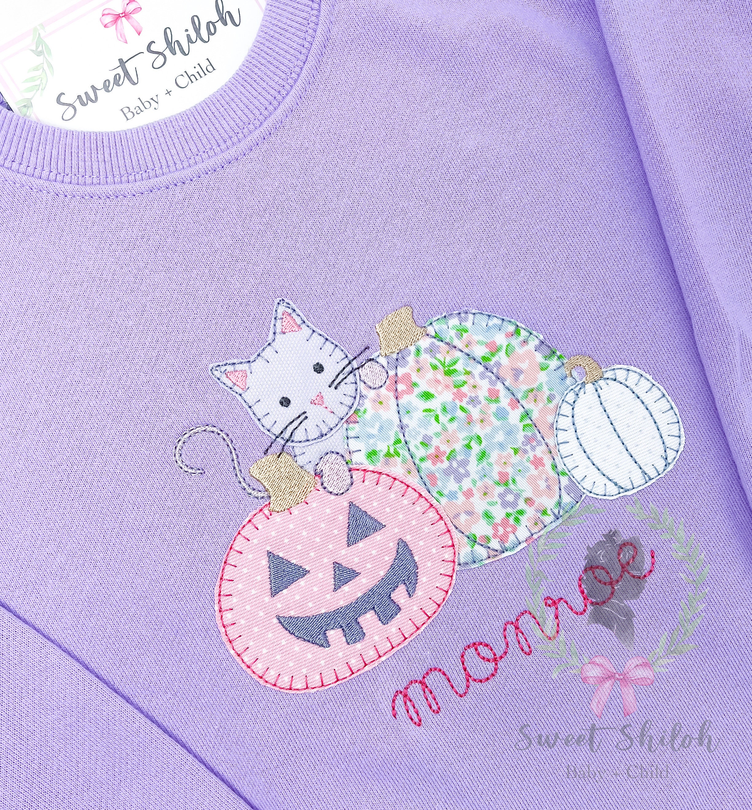 Halloween Kitten Sweatshirt, Black Cat Applique Crewneck, Pumpkin Trio Sweatshirt, Trick or Treat Monogram Shirt, Girls Pumpkin Patch Outfit