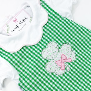 Girls St. Patricks Day Dress, Green Gingham Clover Dress, Baby Girl Monogram Clover Dress, Four Leaf Clover Dress, St Pattys Day Dress