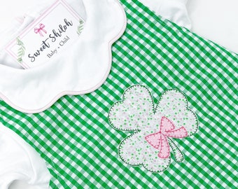Girls St. Patricks Day Dress, Green Gingham Clover Dress, Baby Girl Monogram Clover Dress, Four Leaf Clover Dress, St Pattys Day Dress