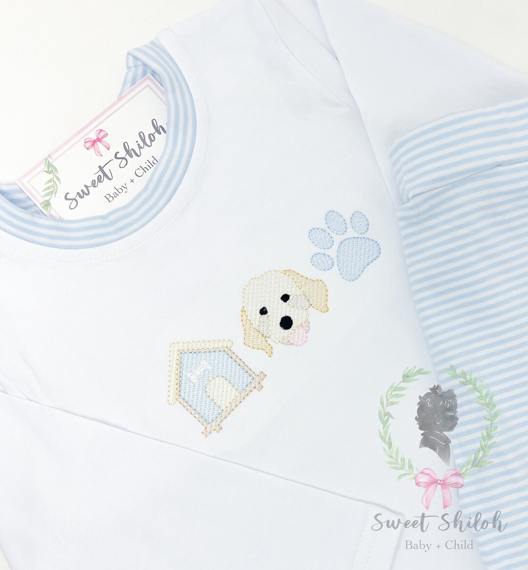 Auraluz Blue Knit Pant Set with Puppy Embroidery main image 1