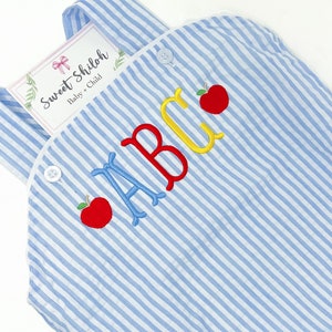 Baby ABC Romper, Unisex ABC Sunsuit, Back to School Romper, First Day of Preschool Romper, Baby Apple Romper, Baby Seersucker Bubble