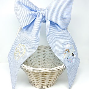 Seersucker Easter Sash, Monogrammed Easter Basket Bow, Seersucker Easter Basket Sash Monogram, Baby Boy Monogram Bow