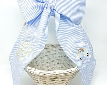 Seersucker Easter Sash, Monogrammed Easter Basket Bow, Seersucker Easter Basket Sash Monogram, Baby Boy Monogram Bow