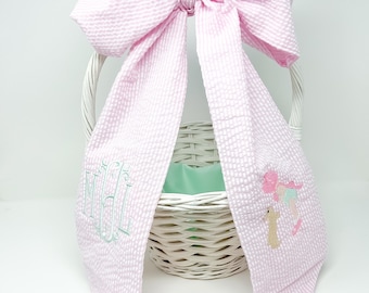 Seersucker Easter Sash, Monogrammed Easter Basket Bow, Seersucker Easter Basket Sash Monogram, Baby Girl Monogram Bow